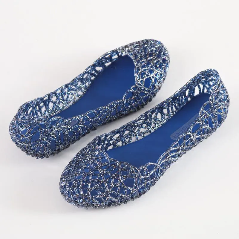 Women sparkly summer beach hollow flat slip on jelly sandals