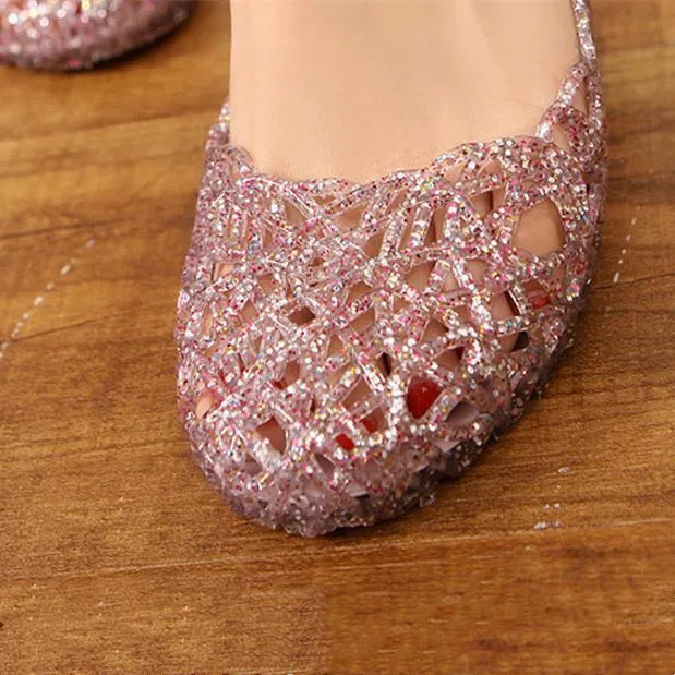 Women sparkly summer beach hollow flat slip on jelly sandals