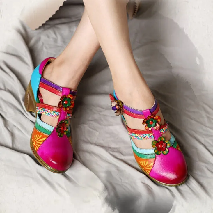 Womens Bohemian Leather Non-slip Heels Sandals