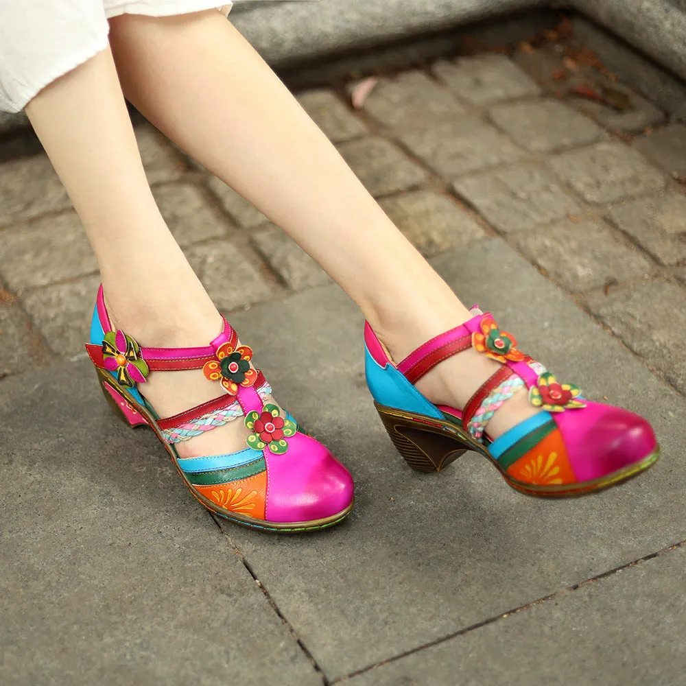 Womens Bohemian Leather Non-slip Heels Sandals