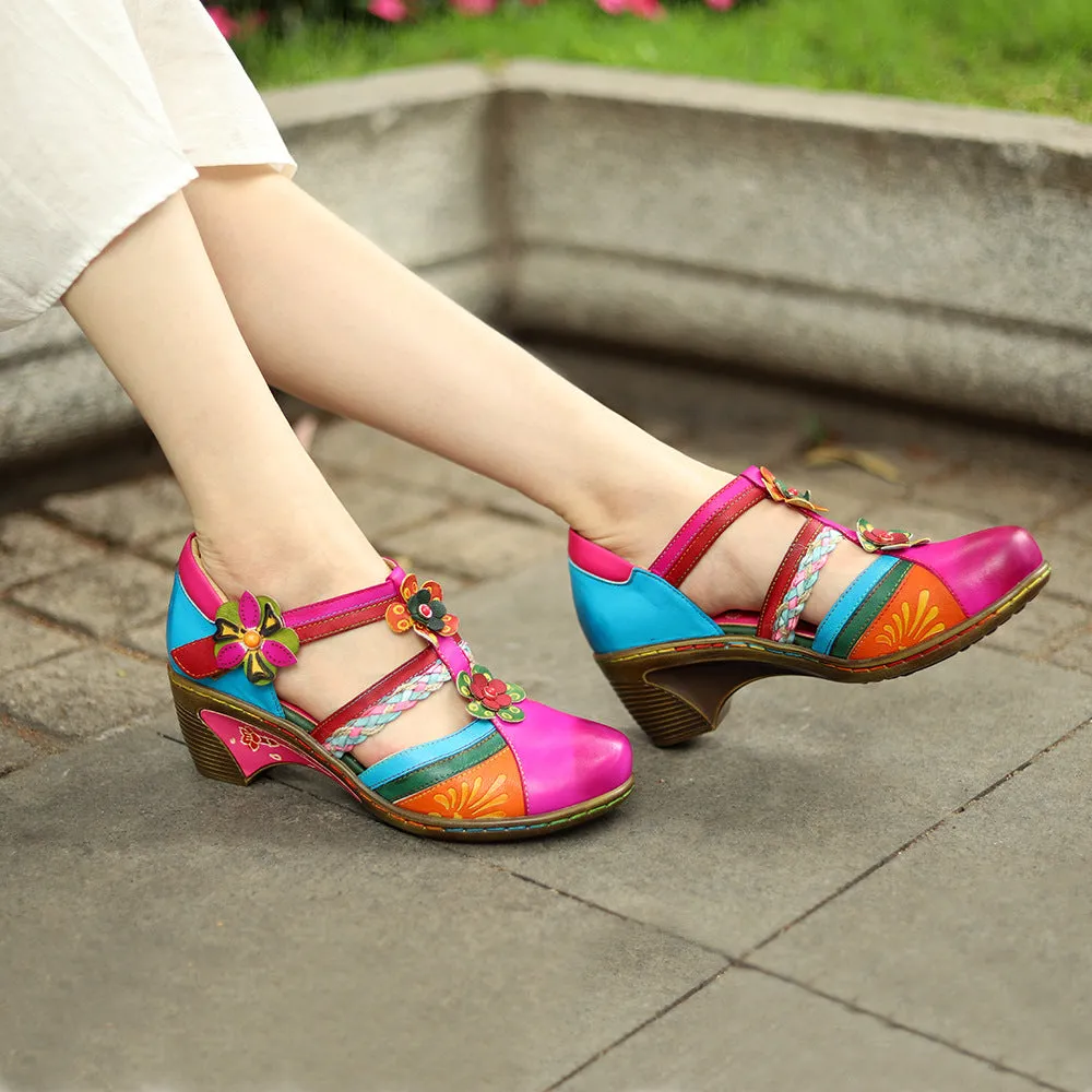 Womens Bohemian Leather Non-slip Heels Sandals