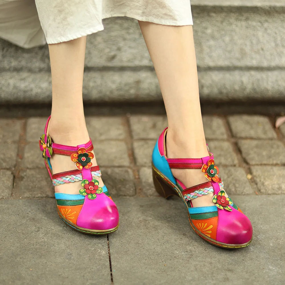 Womens Bohemian Leather Non-slip Heels Sandals