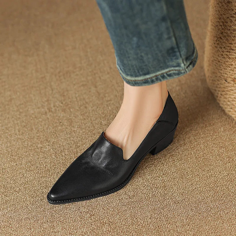 Women's Handmade Pointed Toe Block Heels Loafers Shoes