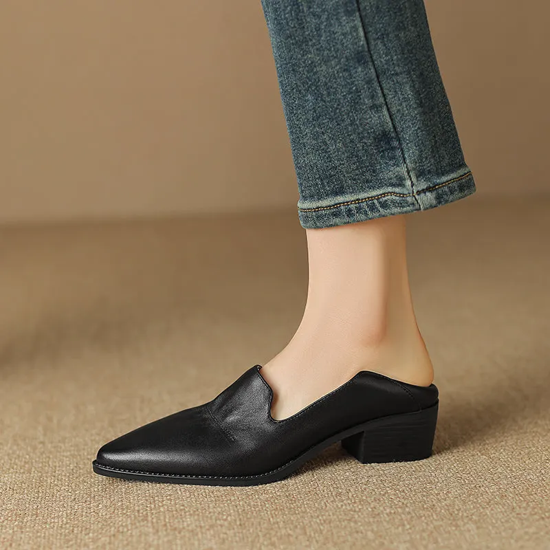 Women's Handmade Pointed Toe Block Heels Loafers Shoes