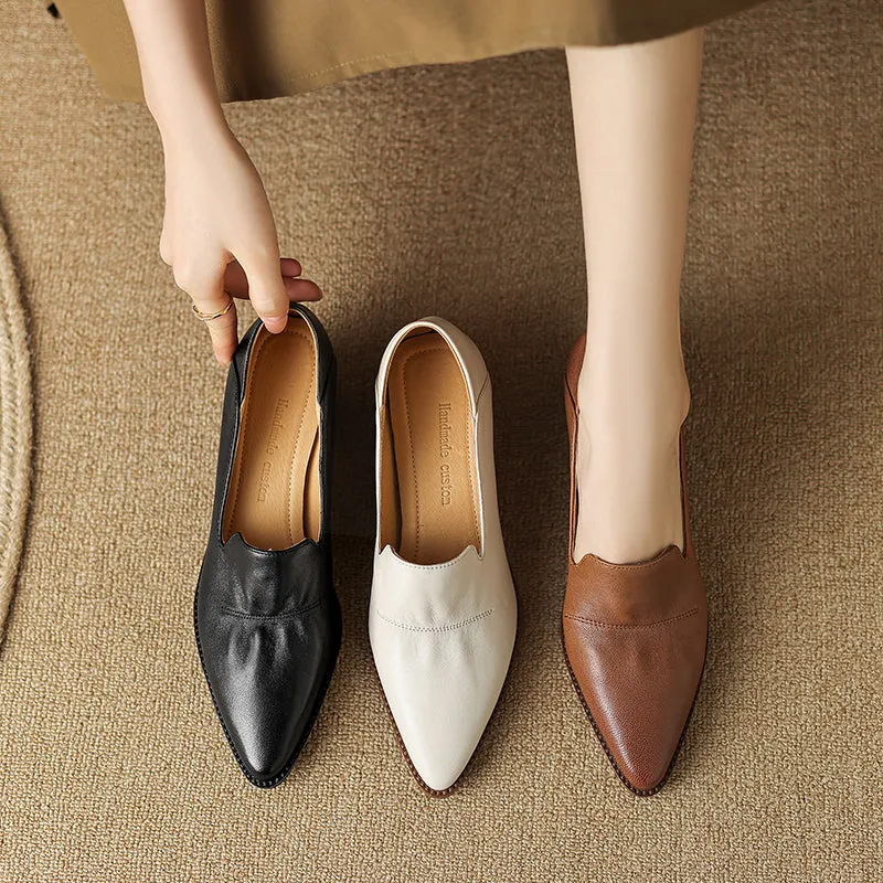 Women's Handmade Pointed Toe Block Heels Loafers Shoes