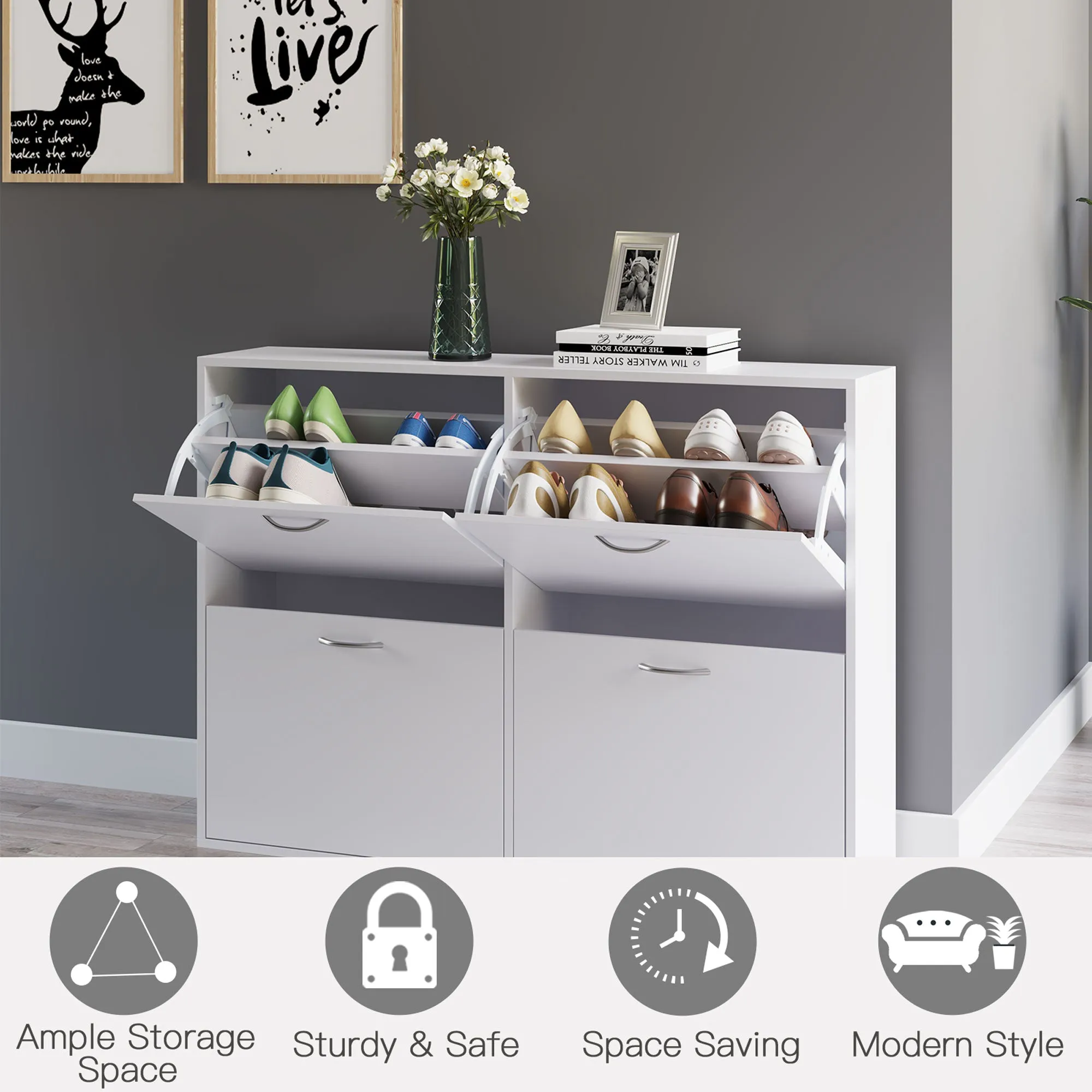 Wooden Modern Design 4 Drawer Shoes Cabinet Pull Down Shelf Storage Organiser - White